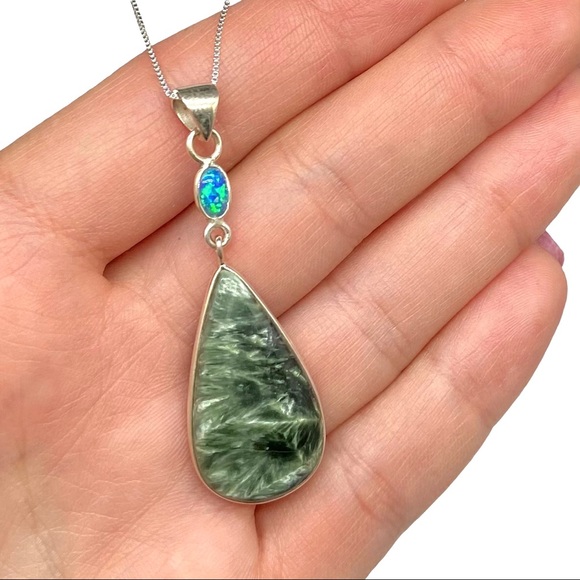 Jewelry - Seraphinite & Blue Fire Opal Pendant Necklace Sterling Silver 925 Natural Stone